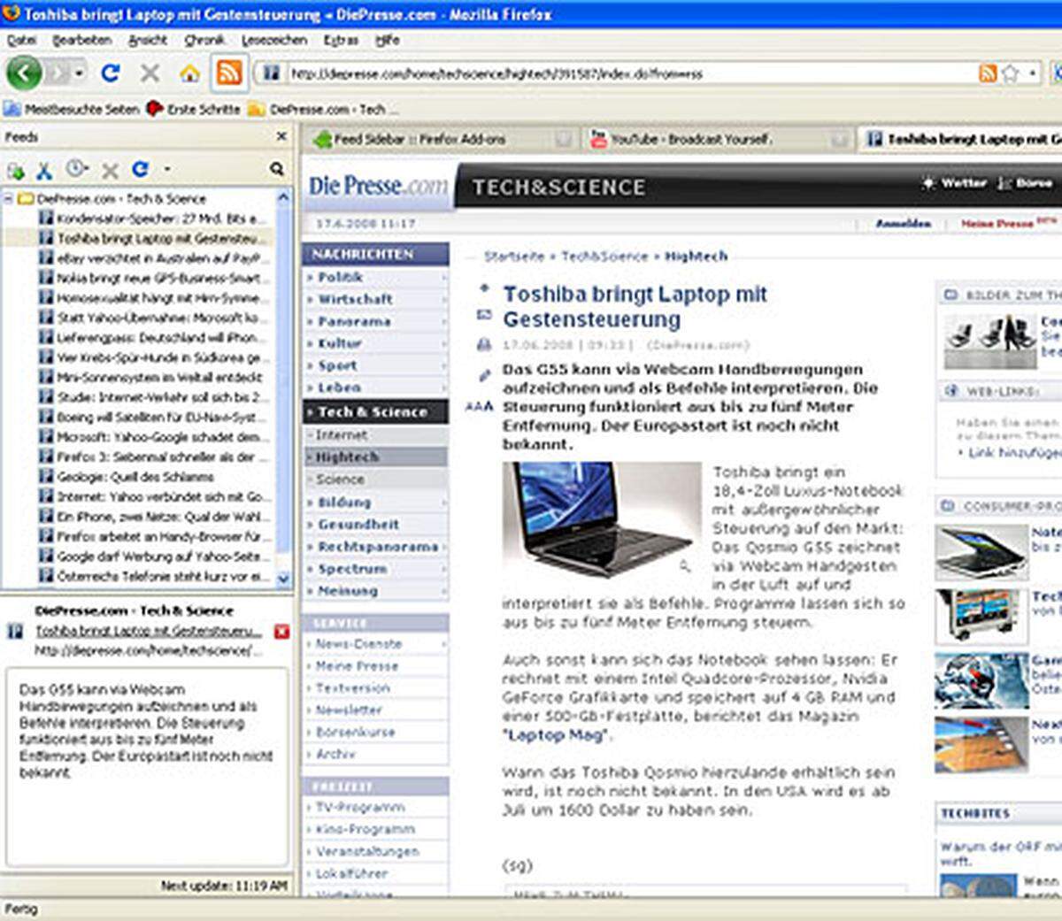 Feed Sidebar integriert RSS-Feeds in ein ein Sidebar-Fenster. Klickt man auf ein Element, erscheint eine Vorschau in der Sidebar - ein Doppelklick öffnet die Seite im Browserfenster. >Zum Download