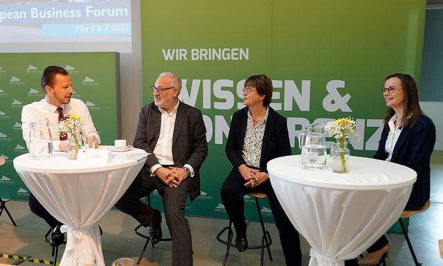 Diskussion über den brain drain beim European Business Forum: Christoph Czettl (Grawe), Michael Löwy (IV), Hermine Vidovic (wiiw) und Moderatorin Gerda Füricht-Fiegl (FH Burgenland).
