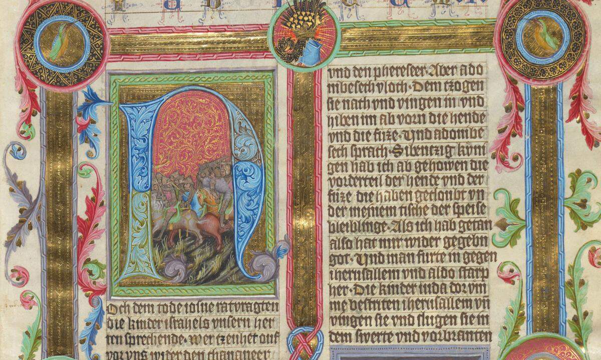 Miniaturen, mit Gold unterlegt: Bild aus der „Wenzelsbibel“, einer der schönsten in deutscher Sprache. 