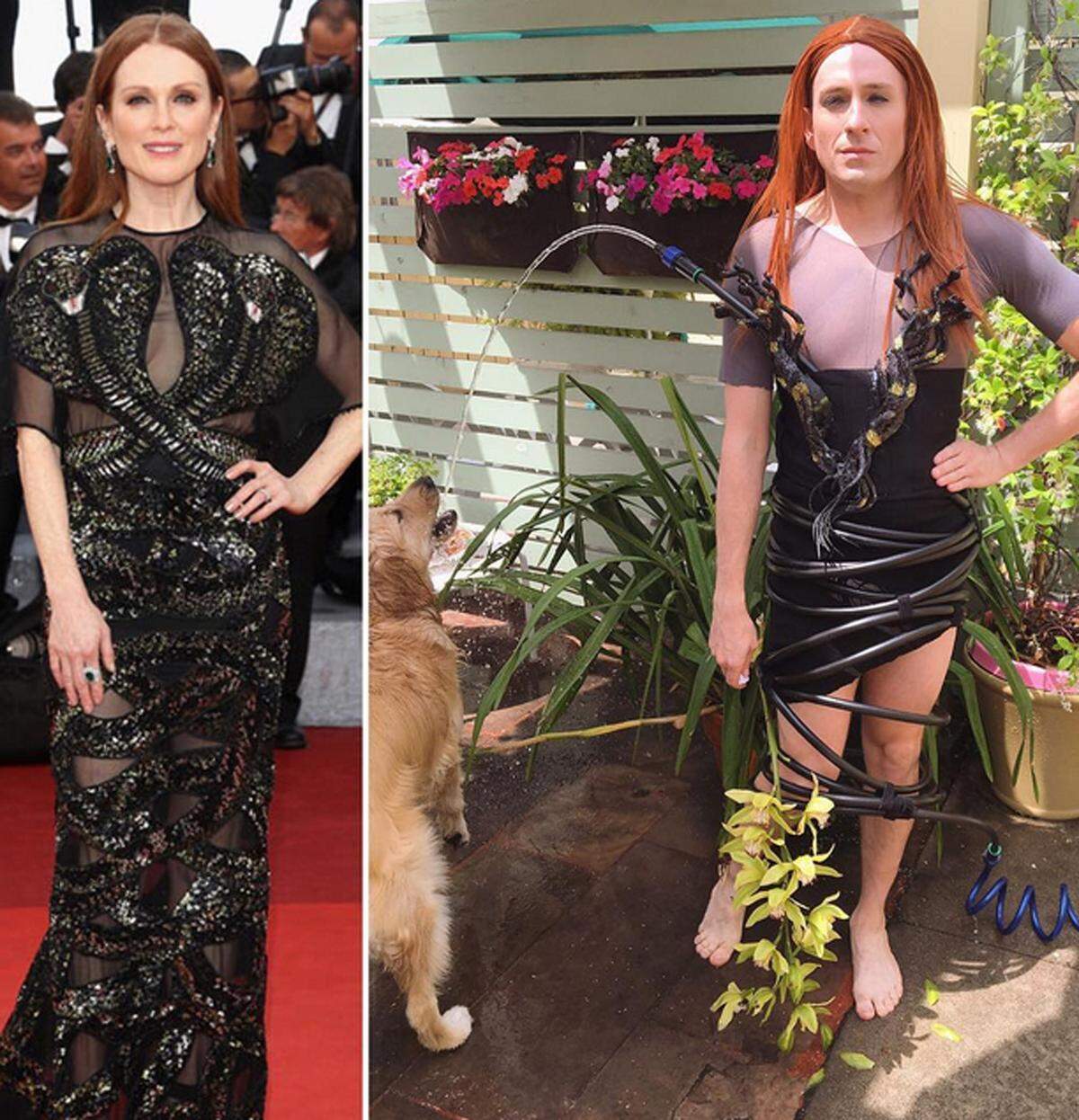 Julianne Moores Givenchy-Kleid wurde mit Gartenschlauch und Plastik-Schlangen nachgestellt.