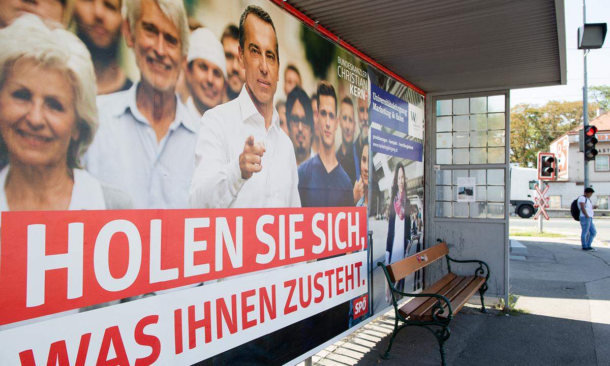 Zentraler Slogan der ersten SPÖ-Plakate ist das vom Wahlprogramm bekannte "Holen Sie sich, was Ihnen zusteht". Drei der vier Motive sind den Themen Arbeit, Pensionen und Steuersenkung gewidmet. Zu sehen ist unter anderem Kern im Gespräch mit Jugendlichen - und einmal in Uncle-Sam-Manier mit ausgestrecktem Zeigefinger. In der zweiten Kampagne setzt die SPÖ auf Kinder. Auf dem einen Plakat sitzt ein leger gekleideter Kern mit einem Zunge zeigenden Kind auf dem Schreibtisch im Kreisky-Zimmer des Bundeskanzleramts. Das zweite Sujet zeigt Kern mit vier Kindern fußballspielend auf dem Heldenplatz. 