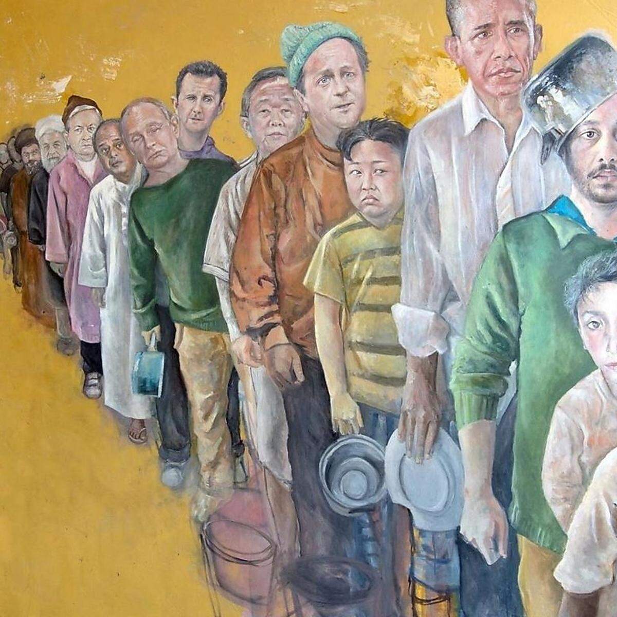 "The Queue" heißt dieses Öl- und Acrylbild von Abdalla Al Omari: die Warteschlange. Es zeigt Menschen, die auf bei einer Essensausgabe warten - und offenbar nicht im besten Zustand sind. Sieht man genauer hin, erkennt man die Gesichter von Barack Obama, Kim Jong-un, David Cameron, Wladimir Putin, Baschar al-Assad oder Recep Tayyip Erdogan.