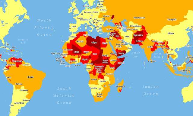 Die Travel Risk Map 2019 teilt Länder in fünf Sicherheitskategorien ein. 