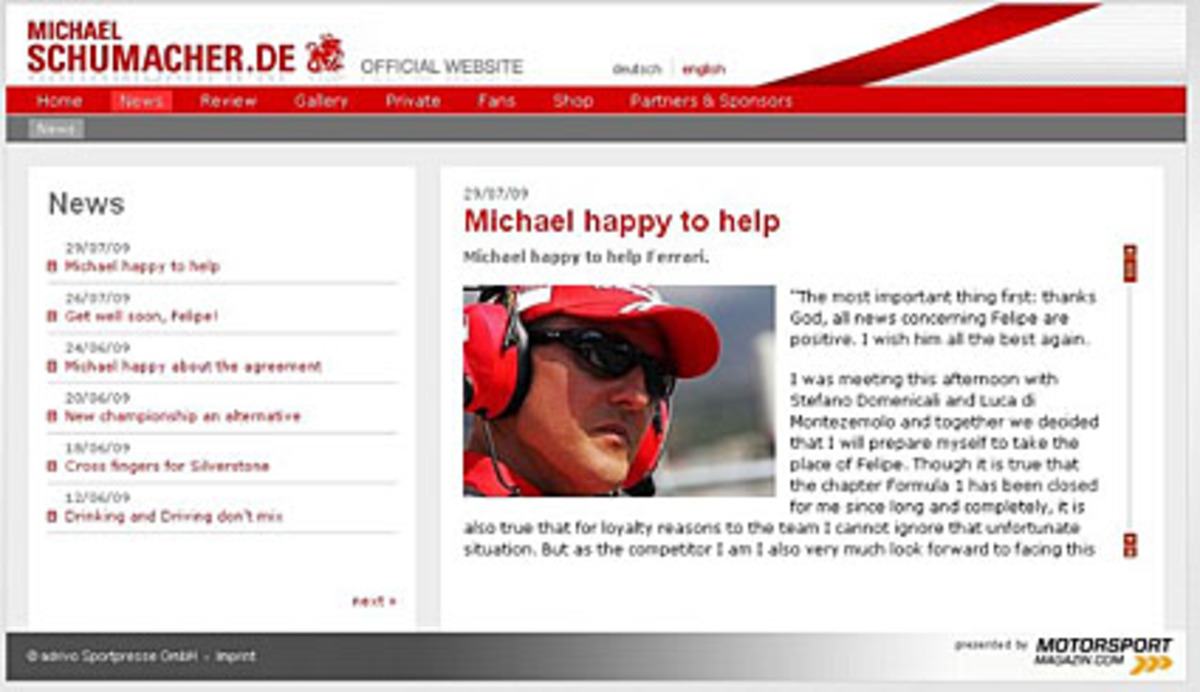 Schumacher erklärt, nachdem er lange jede Comeback-Spekaultionen kategorisch zurückgewiesen hatte, seine Bereitschaft, für den beim Großen Preis von Ungarn verunglückten Felipe Massa bereits beim Rennen in Valencia am 23. August einzuspringen. Am 11. August musste er das Comeback aber wegen Nackenschmerzen absagen.