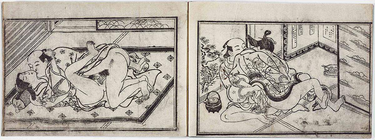 Shunga sind erotische, auch pornografische, also explizit den Geschlechtsakt zeigende Farbholzschnittserien. "Frühlingsbilder" lautet die Übersetzung. Okumura Masanobu (1686–1764, zugeschrieben), Doppelseite aus einem Kopfkissenbuch mit 14 Illustrationen, um 1750. Holzschnitt