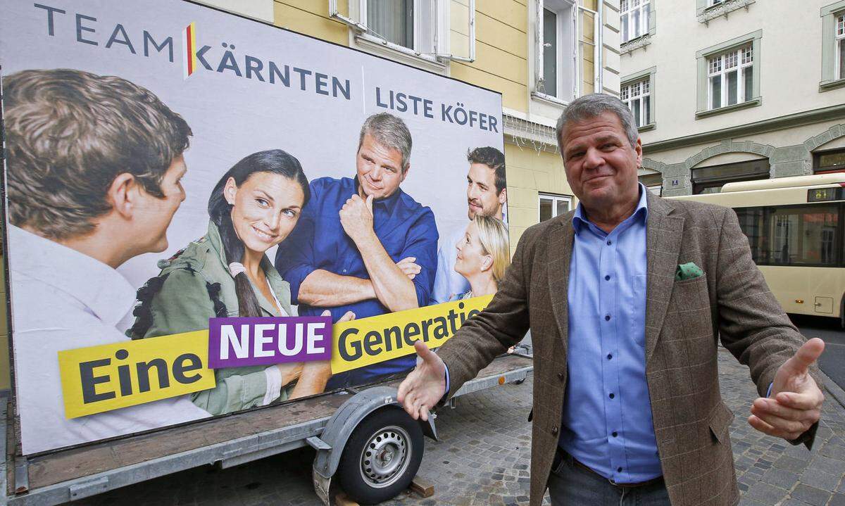 Seit der Abkehr von Parteigründer Frank Stronach nennt sich Köfers Truppe "Team Kärnten", zwischenzeitlich war auch der Name "Team Köfer" im Gespräch gewesen - ein Umstand, der für das ausgeprägte Selbstbewusstsein des Spitzenkandidaten spricht, der sein Büro mit selbstgemalten, großflächigen Bildern dekoriert hat.