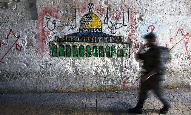 Zentraler Streitpunkt: Der Tempelberg in Jerusalem mit dem weltberhümten Felsendom, hier auf einer Wandzeichnung in der Altstadt von Jerusalem