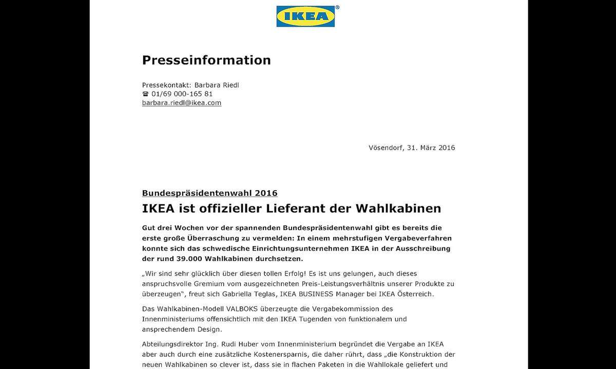 Auch Ikea hat sich einen kleinen Scherz erlaubt, als es mitten im Wahlkampf ankündigte, heuer die Wahlkabinen bereit zu stellen. Die PR-Aktion von Wirz/Cepko/Erdgeschoss/Schreibkraft wurde mit einer Venus in Silber ausgezeichnet. Übrigens: Auch heuer hat Ikea mit einem Aprilscherz für Medienecho gesorgt. Klicken Sie weiter zu anderen Gold-Preisträgern