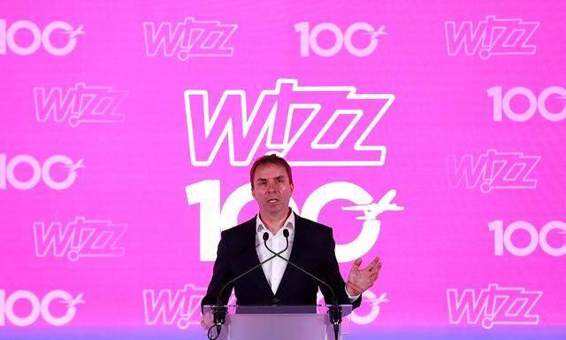 CEO of Wizz Air, Jozsef Varadi speaks during the unveiling ceremony of the 100th plane of its fleet at Budapest Airport
