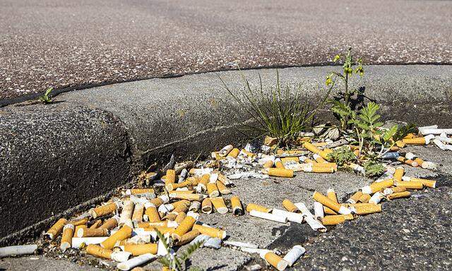 Viele Zigarettenkippen aufgeraucht am Bordstein auf einem Parkplatz die Filter gelten als grosse