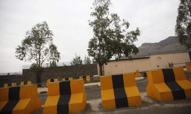 Fortifications are pictured outside the British embassy in Sanaa