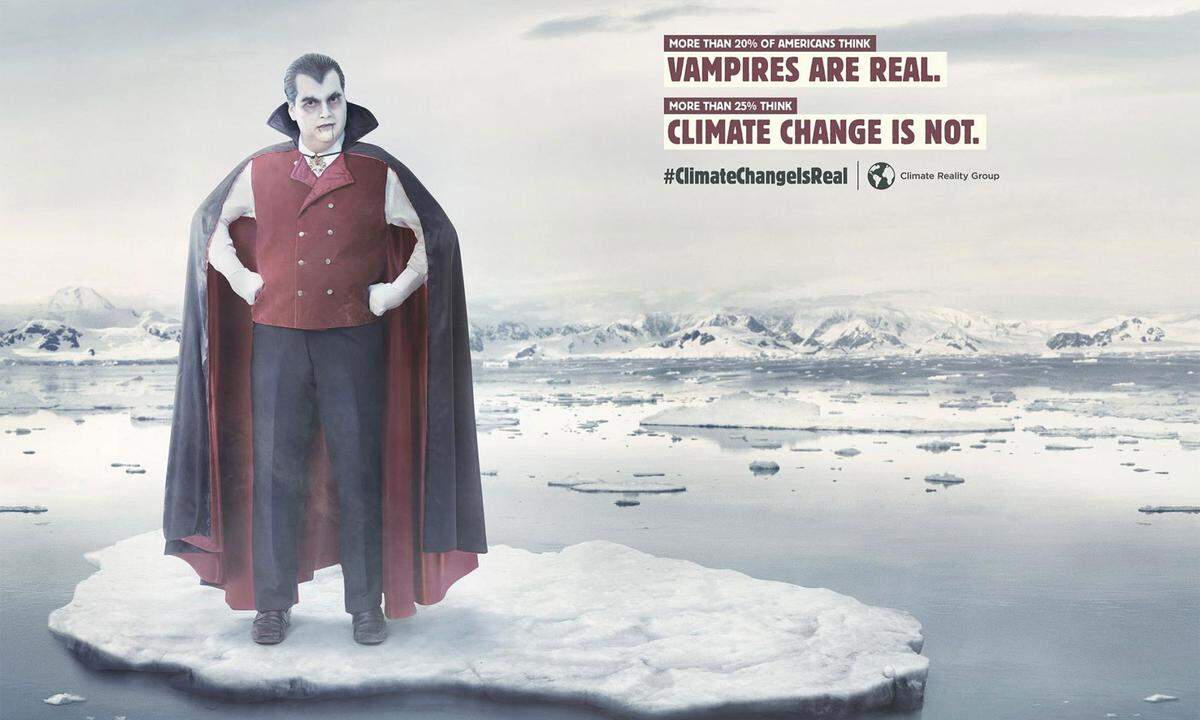 Auch ein Vampir auf einer Eisscholle rührt für die Klimaschützer die Werbetrommel. Mit dem kleinen Unterschied dass "nur" 20 Prozent der Amerikaner an Vampire glauben. 