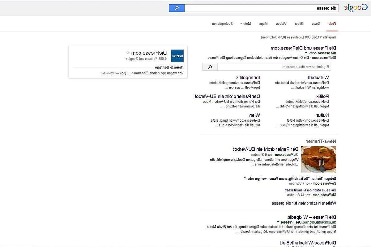 Noch einen Scherz hat sich Google erlaubt: Geht man statt auf google.com auf com.google, erscheint die Seite inkl. Suchergebnisse spiegelverkehrt.