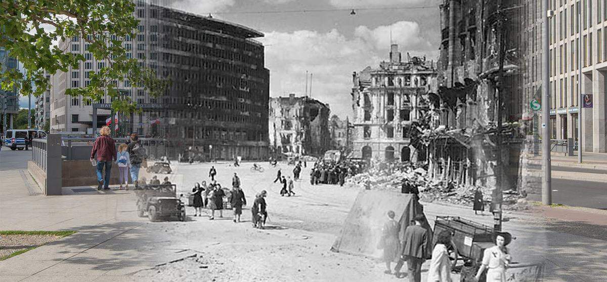 Zerstörte Gebäude: Straßenszene vom Potsdamer Platz 1945.