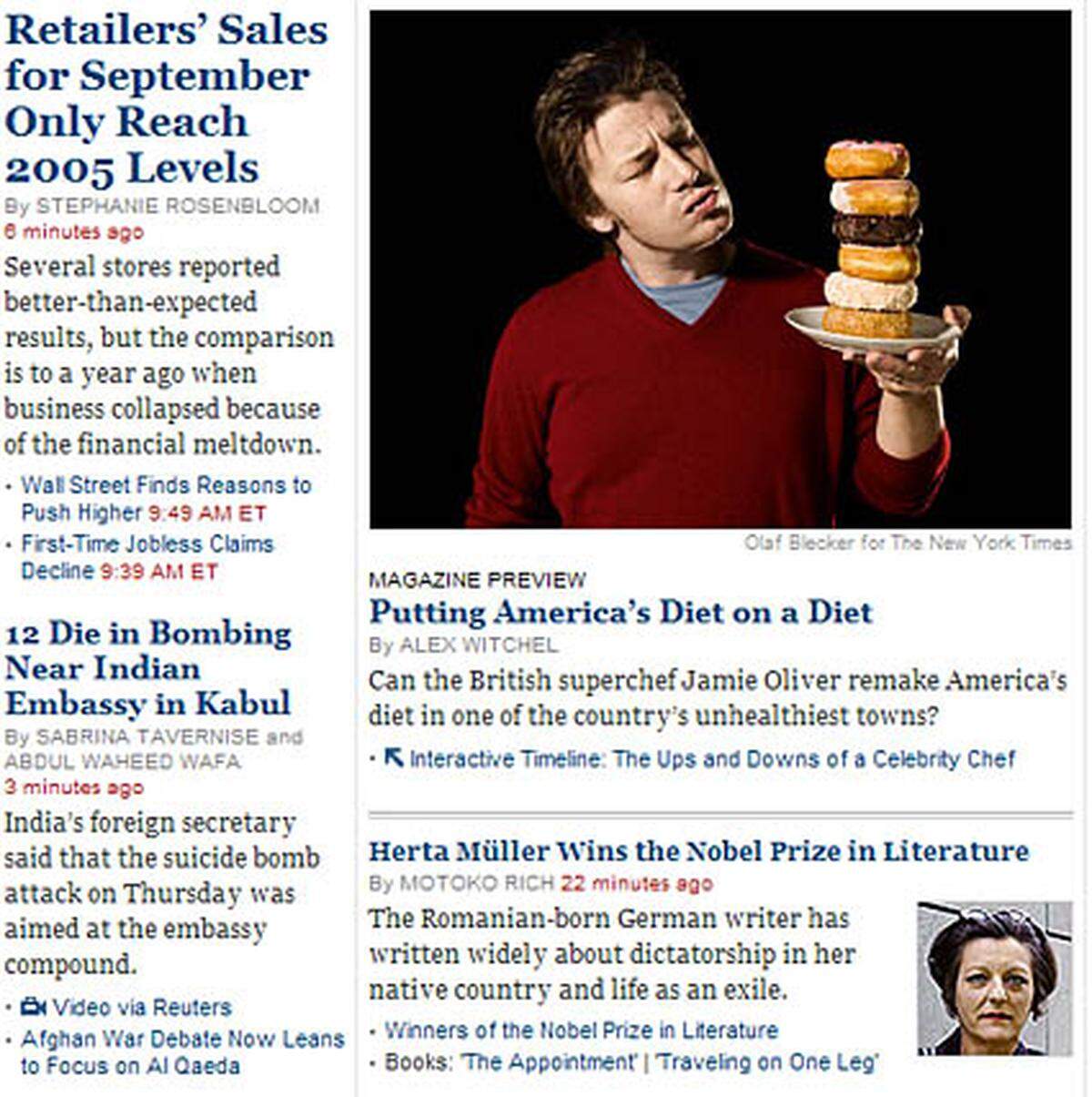 Die "New York Times" positioniert den Nobelpreis unter Jamie Oliver und verknüpft die Vergabe an den 20. Jahrestags des Niedergangs des Kommunismus in Europa. Nur vier ihrer Wekre seien ins Englische übersetzt worden, so das Blatt. Trotz ihrer guten Kritiken sei die Anzahl ihrer Leser in den USA überschaubar.