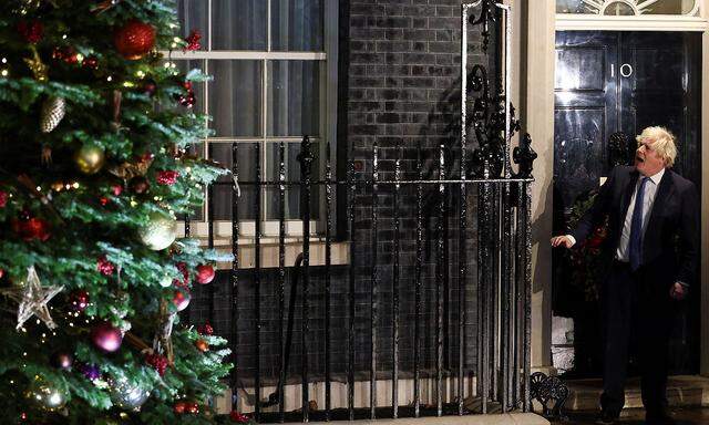 British PM Johnson switches on the Christmas tree lights in Downing Street, in London
