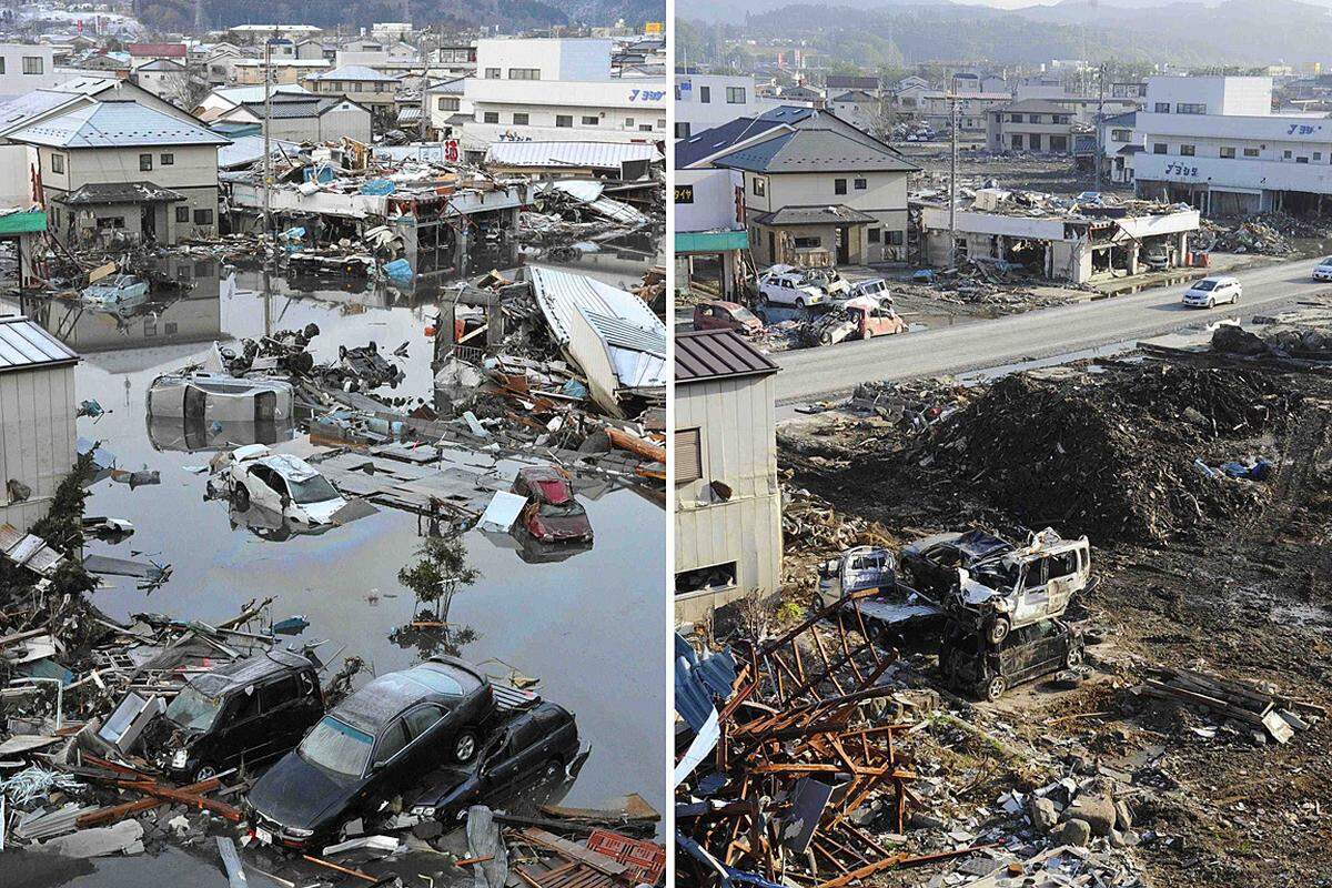 In Kesennuma konnten immerhin die Straßen geräumt werden. Autoleichen und sonstige Trümmer warten aber noch darauf, abtransportiert zu werden.