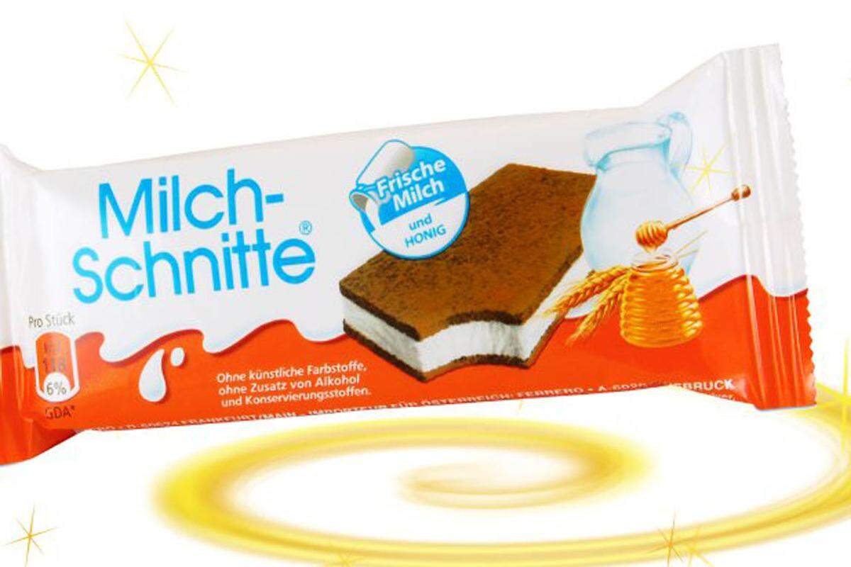 Die Milch-Schnitte von Ferrero gewann den unbeliebten Preis im Jahr 2011. Schwindel: Der Slogan sagt: "Schmeckt leicht. Belastet nicht. Ideal für Zwischendurch"Wahrheit: Gegen einen Fett- und Zuckergehalt von etwa 60 Prozent kann im Vergleich selbst die Schokoladetorte mit Schlagobers nicht an.