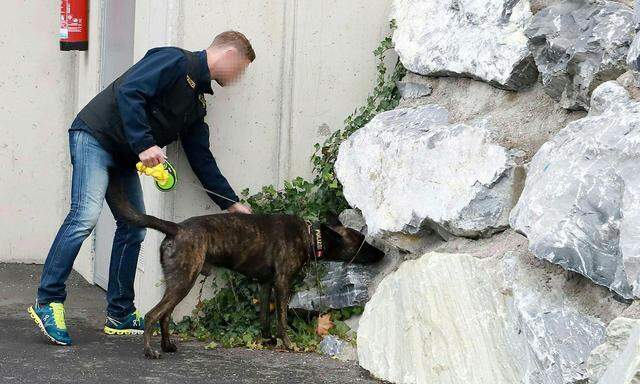 Ein Ermittler mit einem Polizeihund am 21. Oktober in der Nähe des Tatorts.