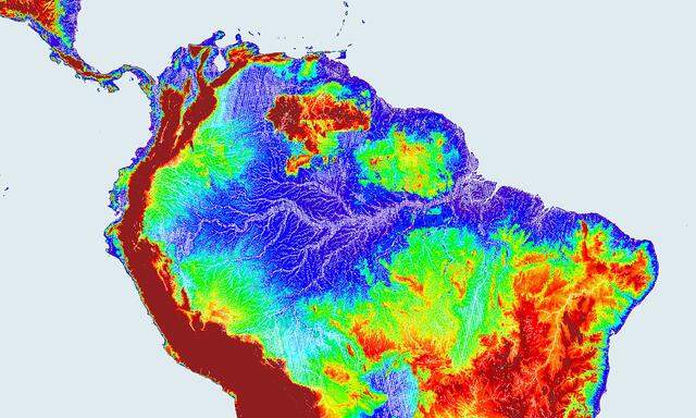 Die Region, ins Bild gebracht von einem Satelliten, der die Bodenfeuchtigkeit messen kann: Bei Blau ist sie hoch, bei Rot niedrig.