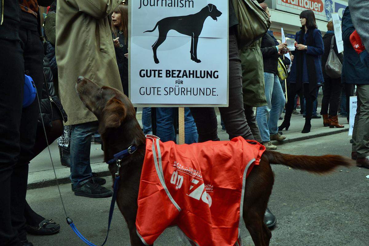Eine neu gegründete Gruppe von Jungjournalisten - #Watchdog - hat sich extra für diese Demo formiert - und auch Zuspruch von Hunden gefunden.