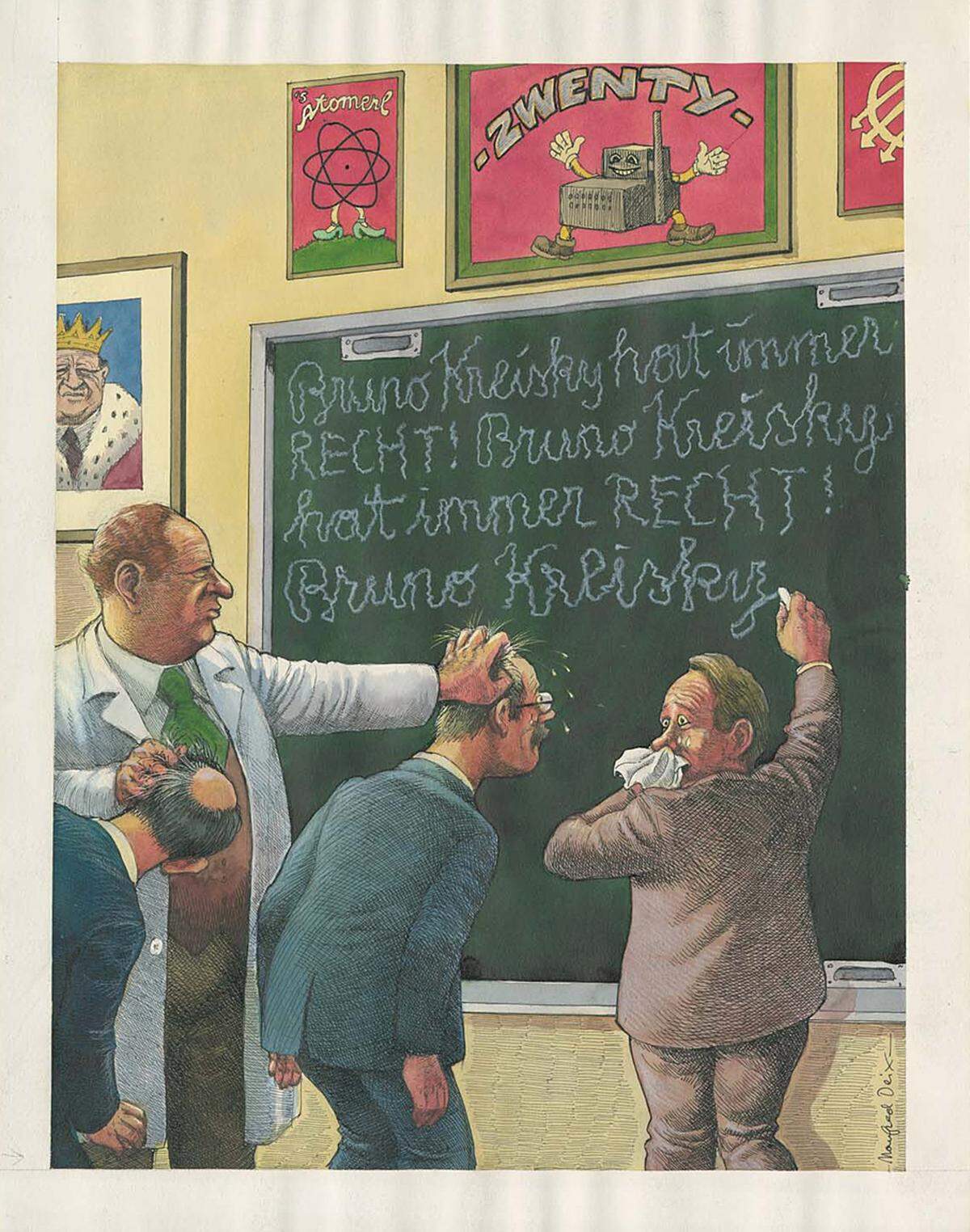 Gezeigt werden Werke aus der Sammlung des Landes Niederösterreich sowie noch nie präsentierte Arbeiten aus dem Privatbesitz des Künstlers. Manfred Deix: Bruno Kreisky hat immer recht!, 2. Hälfte der 1970er-Jahre