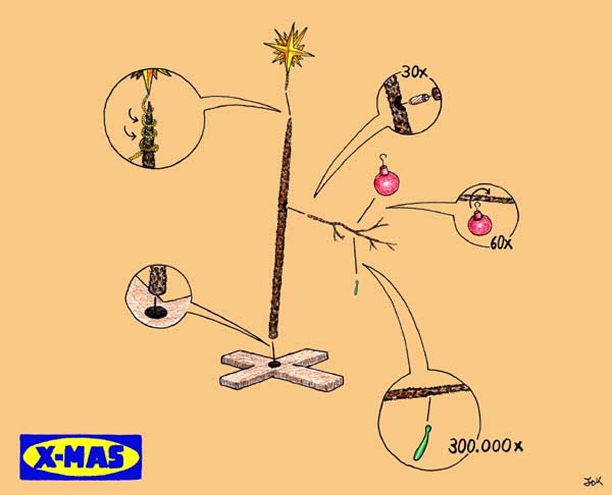 Wie bastelt man einen Christbaum von Ikea zusammen? Wie wirkt sich die Punschzeit auf das Schreibvermögen aus und wie denken unsere Haustiere über weihnachtliche Rituale? Eine neue Comic-Sammlung hat sich der Adventszeit verschrieben. Daniel Jokesch "Montageanleitung für Christbäume"