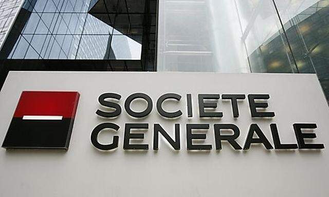 The entrance to the headquarters of French bank Societe Generale in La Defense