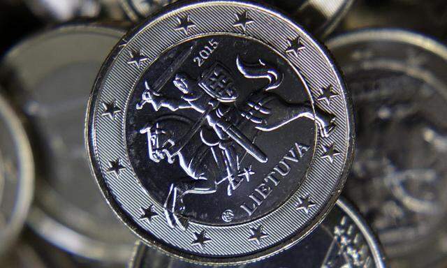 A Lithuanian 1 euro coin is pictured in the Lithuanian Mint in Vilnius