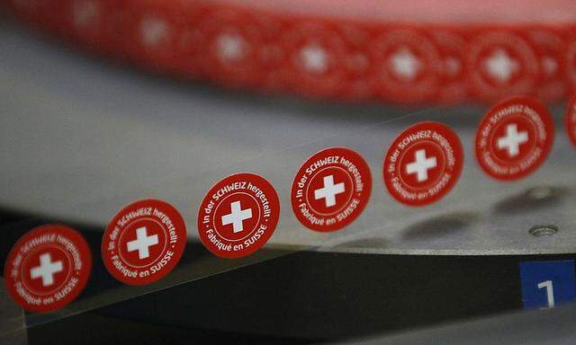 File picture shows a roll of ´Swiss Made´ stickers in the Nescafe coffee production facility in Orbe