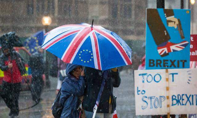 Heavy rain during BREXIT scenes in Westminster Houses of Parliament and surrounding area London En