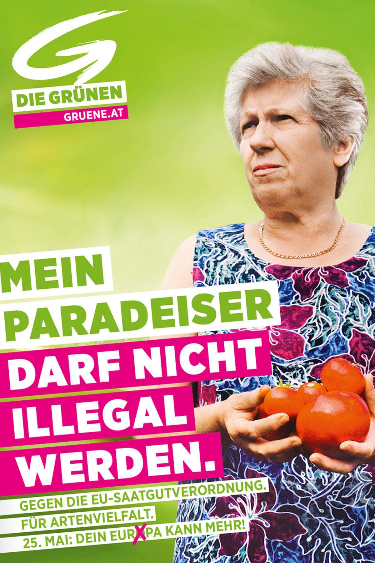 "Mein Paradeiser darf nicht illegal werden", lautet indes ein Slogan der ersten grünen Plakatwelle. Das Wort "Paradeiser" ist aber nur in der Steiermark, in Wien, Niederösterreich und dem Burgenland zu lesen. Im Westen geht es, den lokalen Sprachgepflogenheiten geschuldet, um die "Tomate". Hintergrund der Kampagne - die abseits des grün-pink-weißen Schriftzuges eine äußert mürrisch blickende ältere Frau mit den roten Früchten in Händen ziert - ist die Debatte um Saatgut. Das heimische Gemüse dürfe nicht verboten werden, so die Grünen.