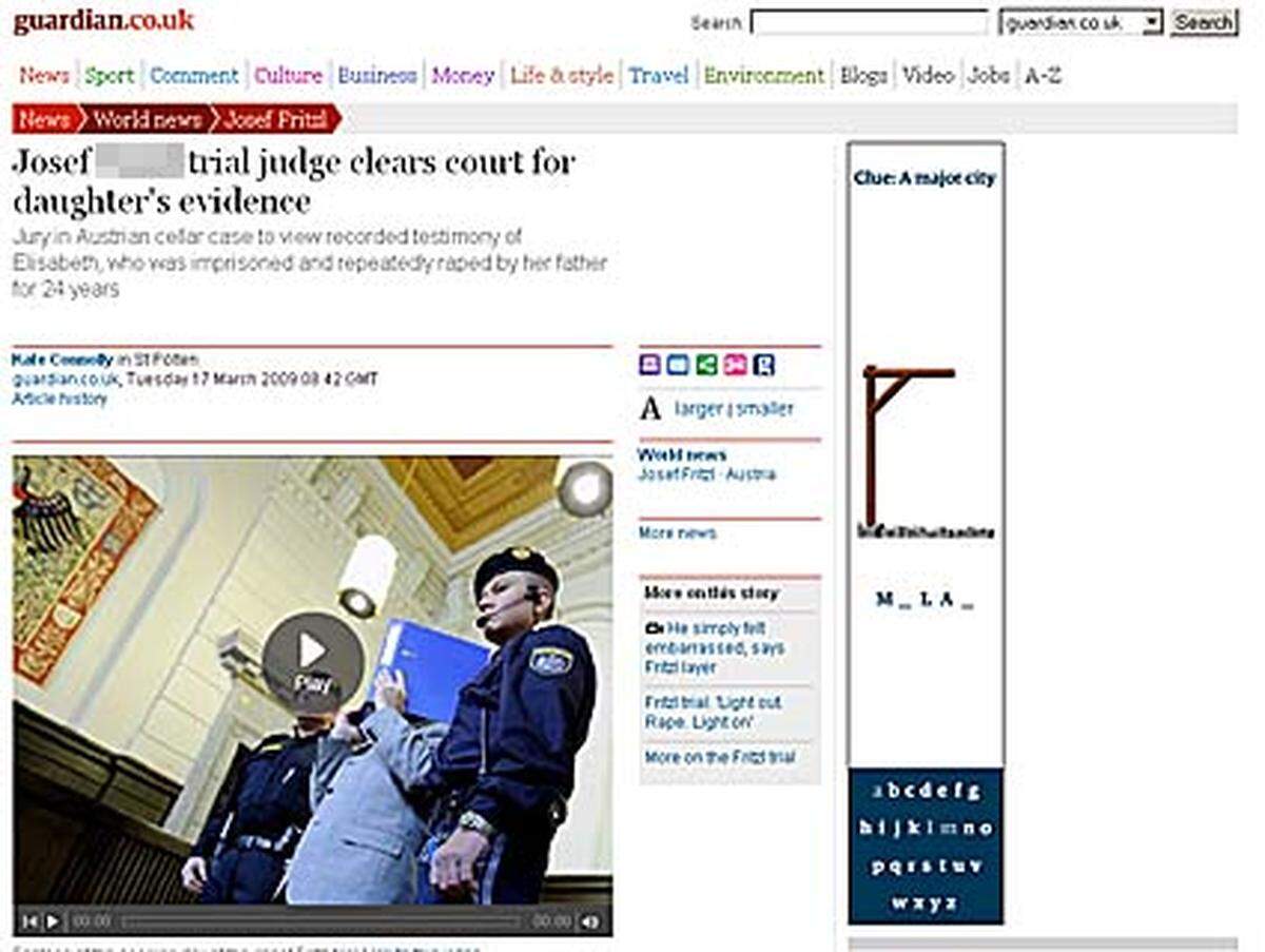 "The Guardian" (online) kritisiert das Auftreten von Josef F. vor Gericht: "(...) diejenigen, die sein schnurrbärtiges Gesicht sehen konnten, sagten er habe hinter dem Ordner gelächelt." The Guardian Online