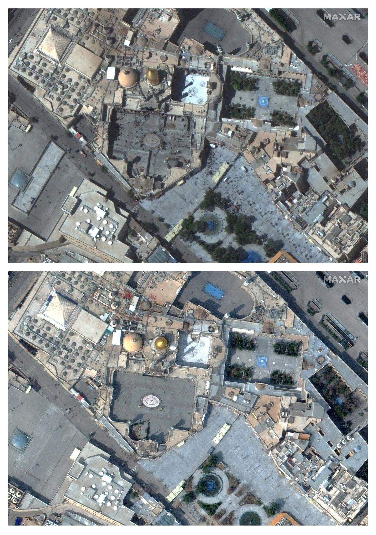 Satellitenbilder der US-Weltraumtechnik-Firma Maxar zeigen leer gefegte Orte von Mekka bis China, wo es normalerweise von Menschen wimmelt und die Besucher sich regelrecht auf die Füße treten.  