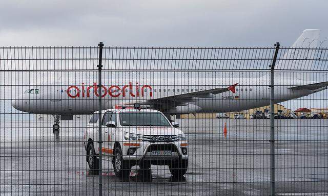 An Air Berlin Airbus A320 parks at the Keflavik airport near Reykjavik