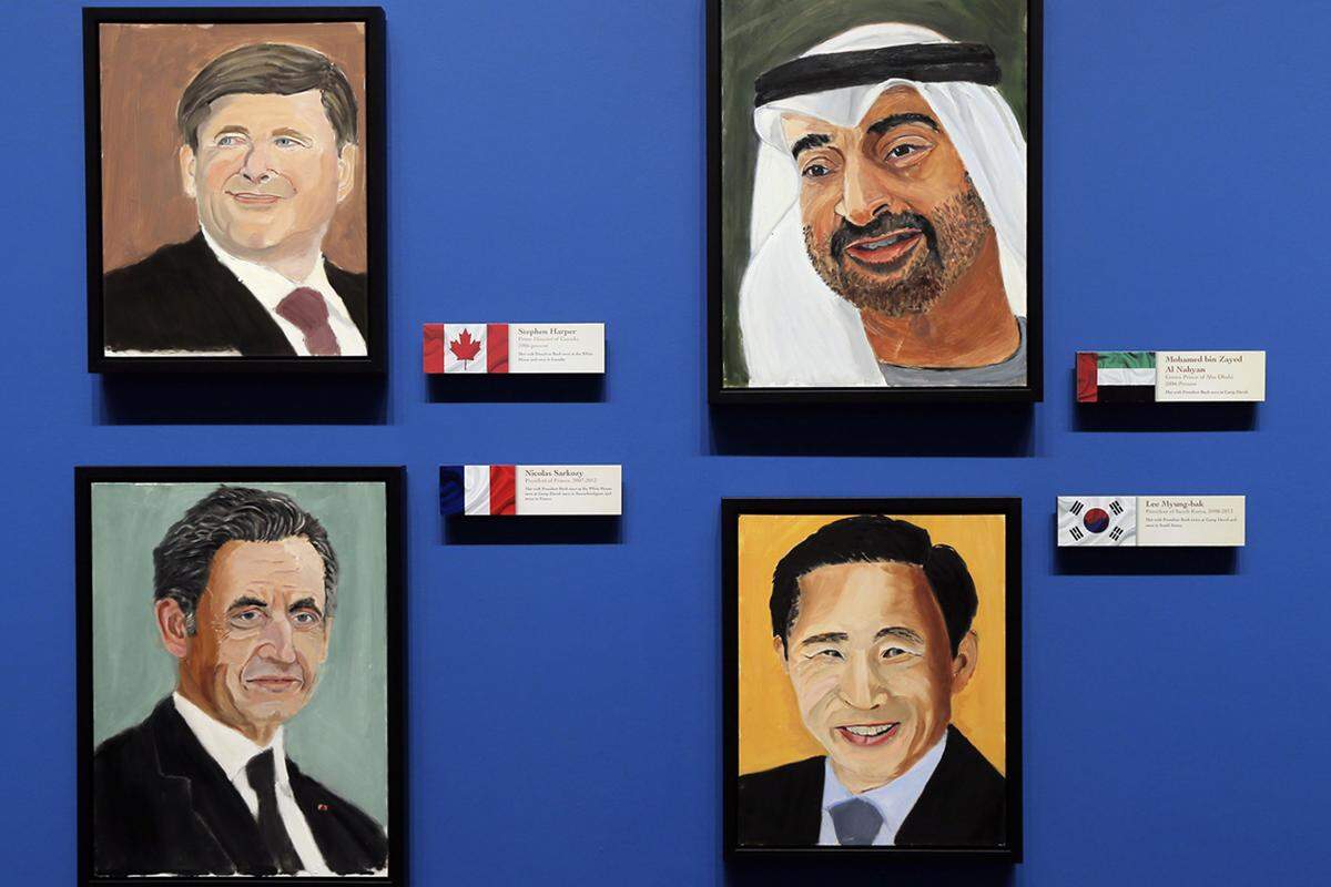 Im Uhrzeigersinn: Der kanadische Premierminister Stephen Harper, Kronprinz von Abu Dhabi Muhammad bin Zayid Al Nahyan, der frühere französische Präsident Nicolas Sarkozy und der frühere Präsident von Südkorea Lee Myung-bak.