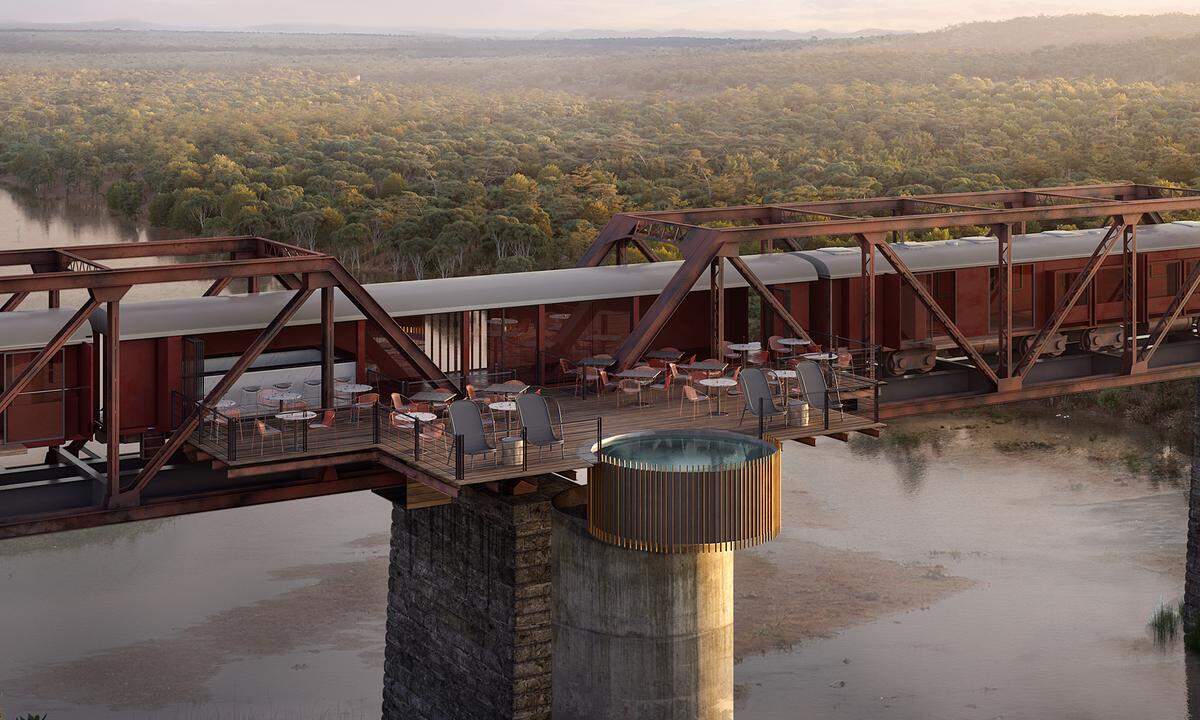 Von der Brücke aus wird man Wildtieren wie Elefanten, Büffel aber auch Flusspferde beobachten können. Ein Highlight wird dabei ein überhängender Pool sein.