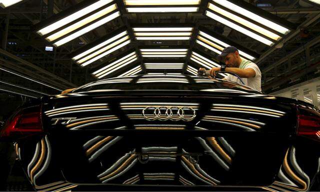 FILE PHOTO: A worker stands next to a car on the assembly line as serial production of the new Audi TT roadster starts at the Audi plant in Gyor, west of Budapest