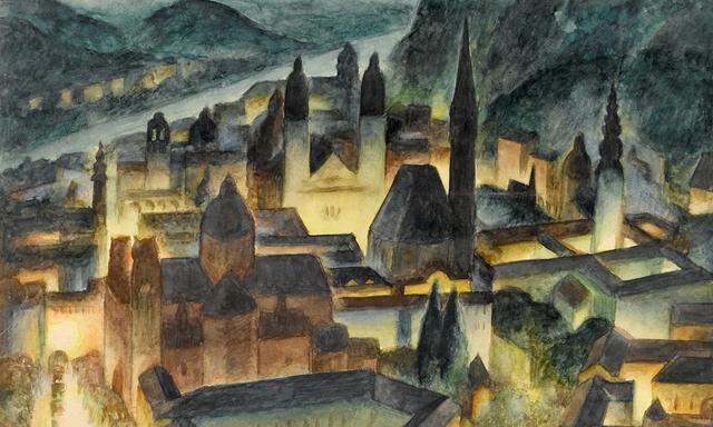 Gemäßigte Moderne der Zwischenkriegszeit: Der Salzburger Maler Georg Jung zeigt „Die Festspielauffahrt“ aus der Bergperspektive, 1929.