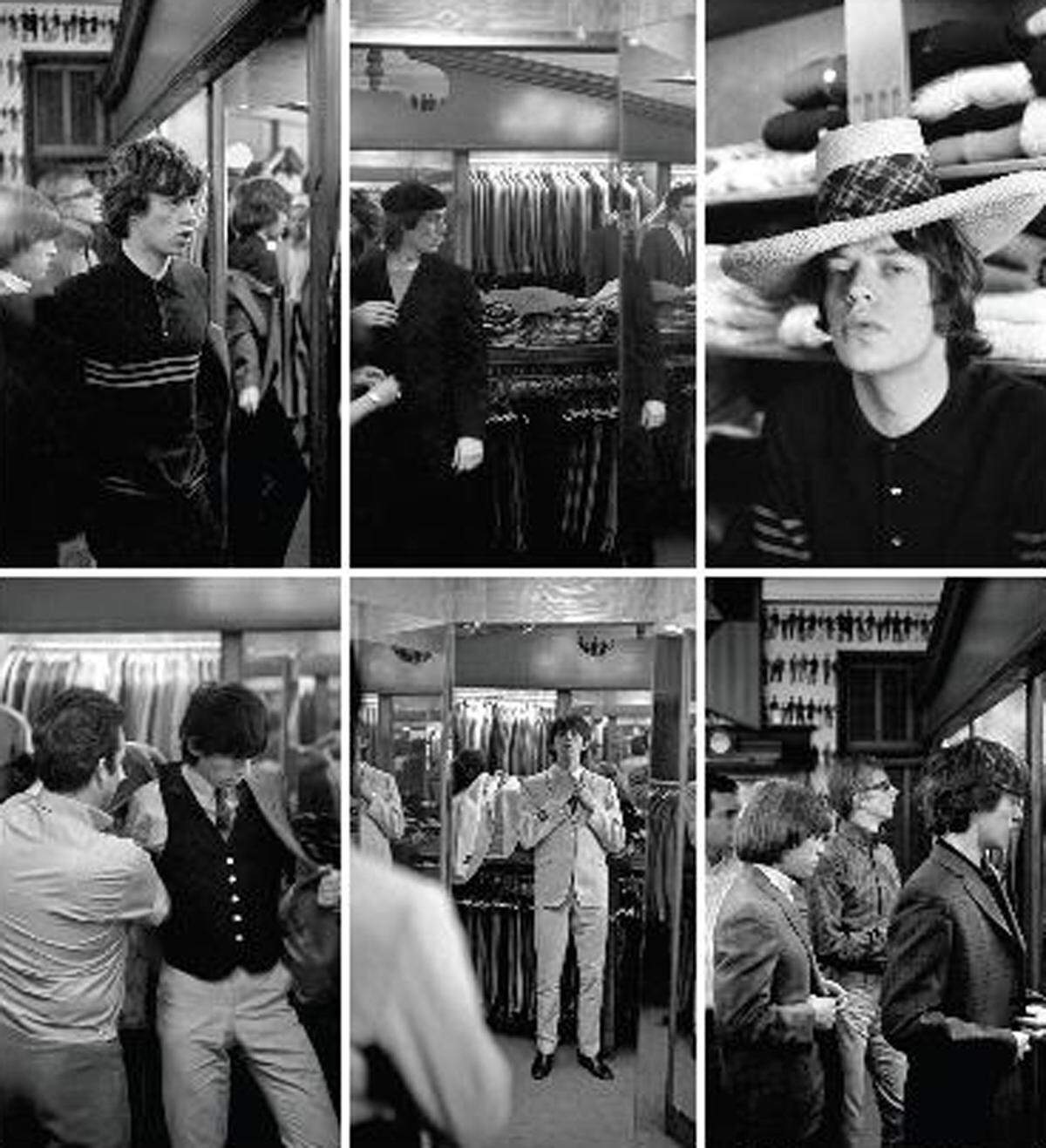 Private Momente wie Shopping in Hollywood wurden neben Konzertauftritten von namhaften Fotografen wie Gered Mankowitz, Ian Wright oder Philip Townsed festgehalten.Beau Gentry Herrenbekleidungsgeschäft Hollywood, Kalifornien, USA, 4. Juni 1964