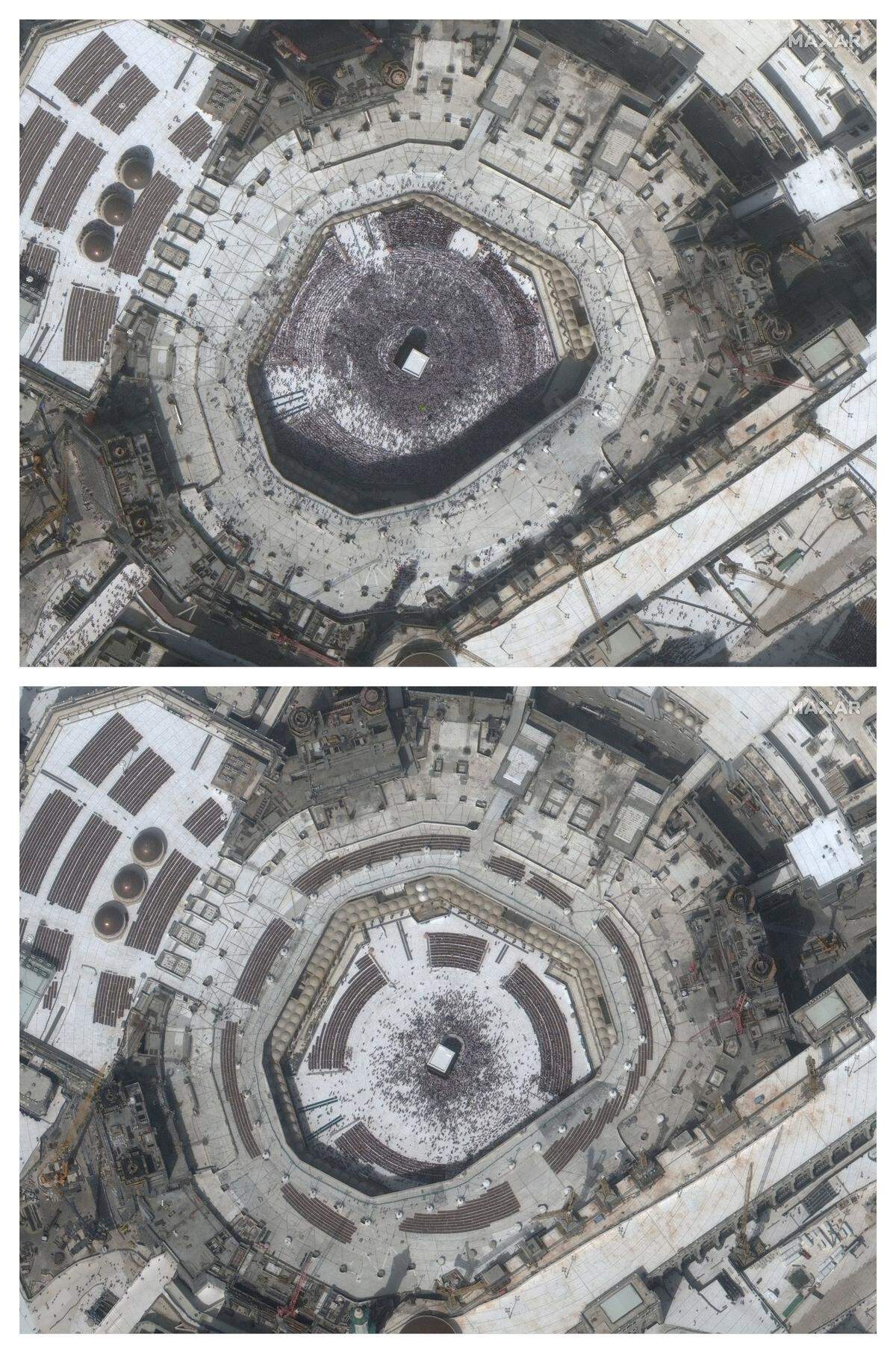 Ein weiterer Vergleich - Mekka aus dem All. Oben sind die Menschenmassen vom 14. Februar zu sehen.
