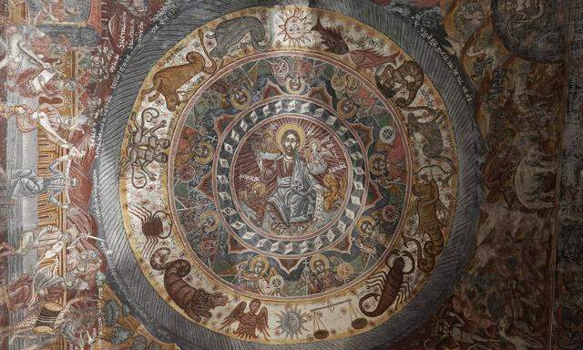 Christus Pantokrator und Tierkreiszeichen, byzantinische Fresken aus dem 17. Jh., Kloster Dekoulou.