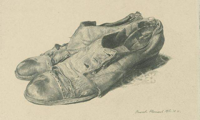Brosch zeichnete in seiner Akademiezeit eine ganze Serie dieser verlassenen, zerlemperten, vermenschlichten Schuhe, die in der Orangerie jetzt eine Wand füllen. „Der Invaliden Dank“, 1915.