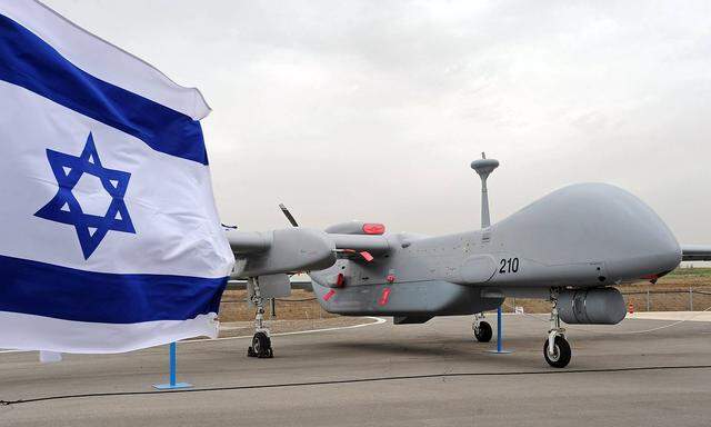 An Israeli made unmanned aerial vehicle the Heron TP is displayed at it s induction ceremony into