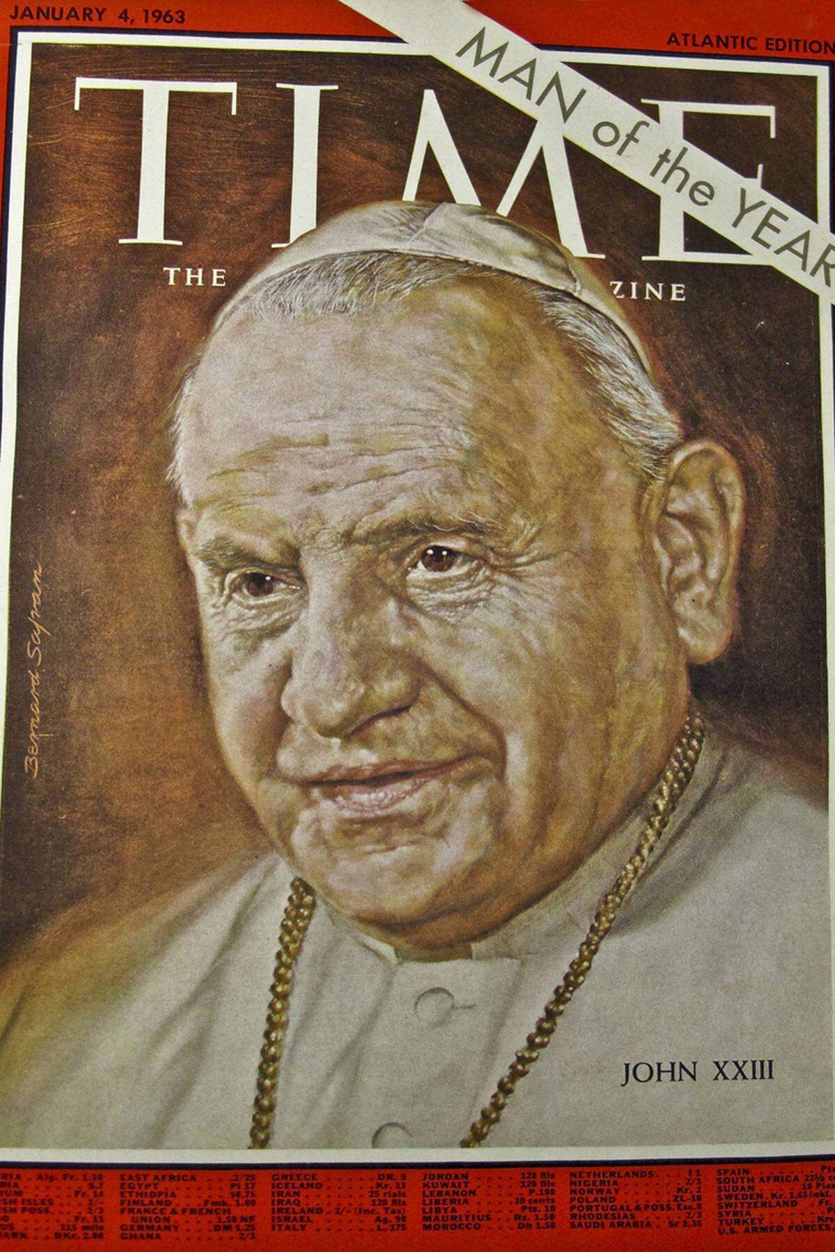 Am 3. September 2000 wurde Johannes XXIII. seliggesprochen. Die katholische Kirchenlehre sieht vor, dass die Heiligsprechung nur für solche Persönlichkeiten infrage kommt, die bereits seliggesprochen sind. Nach der Heiligsprechung wird es möglich, Kirchen nach dem früheren Papst zu benennen. Für die Heiligsprechung am Sonntag (27. April) gab der aktuelle Papst Franziskus auch ohne einen erneuten Wundernachweis Grünes Licht.Bild: Papst Johannes XXIII als Man of the Year auf dem Titel des Time-Magazine vom 4. Jänner 1963.