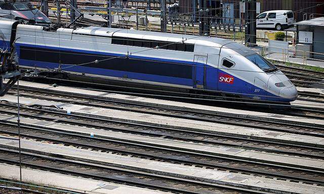 A TGV high speed train is parked at a SNCF depot station in Charenton-le-Pont near Paris