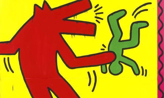 „Die Darstellung des bellenden Hundes ist ein Symbol, das Keith Haring oft und in sehr unterschiedlichen Konstellationen verwendet, um seine Angst auszudrücken“, wird uns erklärt: Ohne Titel, 1982.