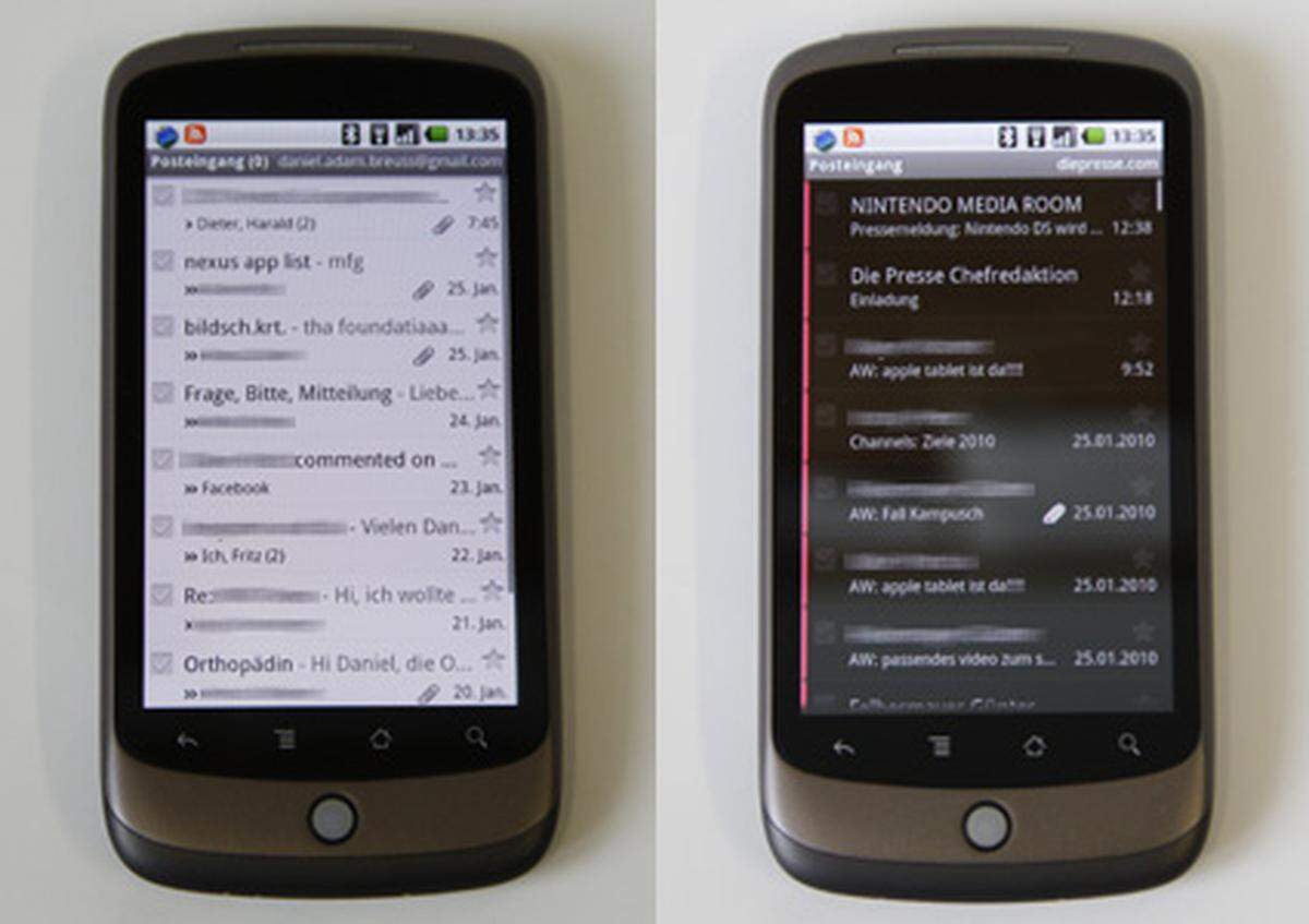 Etwas schade ist die uneinheitliche Darstellung in E-Mail-Programmen. Googles hauseigenes Gmail bietet eine andere Übersicht als das ebenfalls mitgelieferte "E-Mail". Klappen tut letzteres nicht nur mit jeglichen POP3- und IMAP-Konten, sondern auch mit Microsofts Exchange.