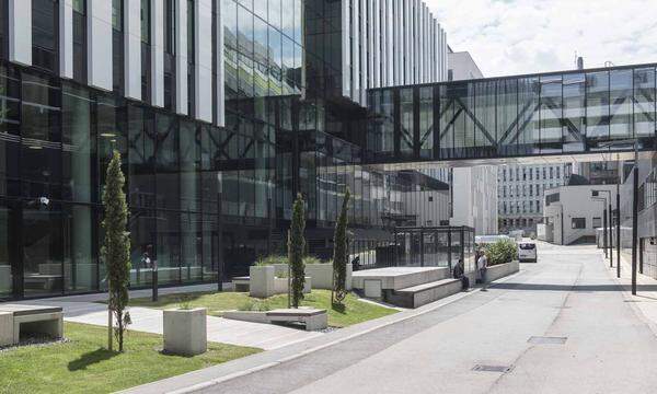 Neben der DNA des Hauses ist von außen auch eine Verbindung zu den Nachbarn sichtbar. Im zweiten Stock des IMP führt eine Luftbrücke zum Gebäude der österreichischen Akademie der Wissenschaften.