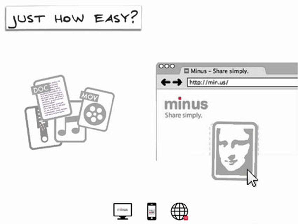 Bei Minus werden beliebige Dateien einfach per Drag-and-Drop in das Browser-Fenster gezogen, um sie hochzuladen. Ein kurzer Link kann an Freunde oder Kollegen verschickt werden, die diese Dateien herunterladen können. 50 Gigabyte Speicherplatz sind kostenlos - eine Datei darf maximal zwei Gigabyste schwer sein. Smartphone-Apps und Browser-Erweiterungen runden das Angebot ab.